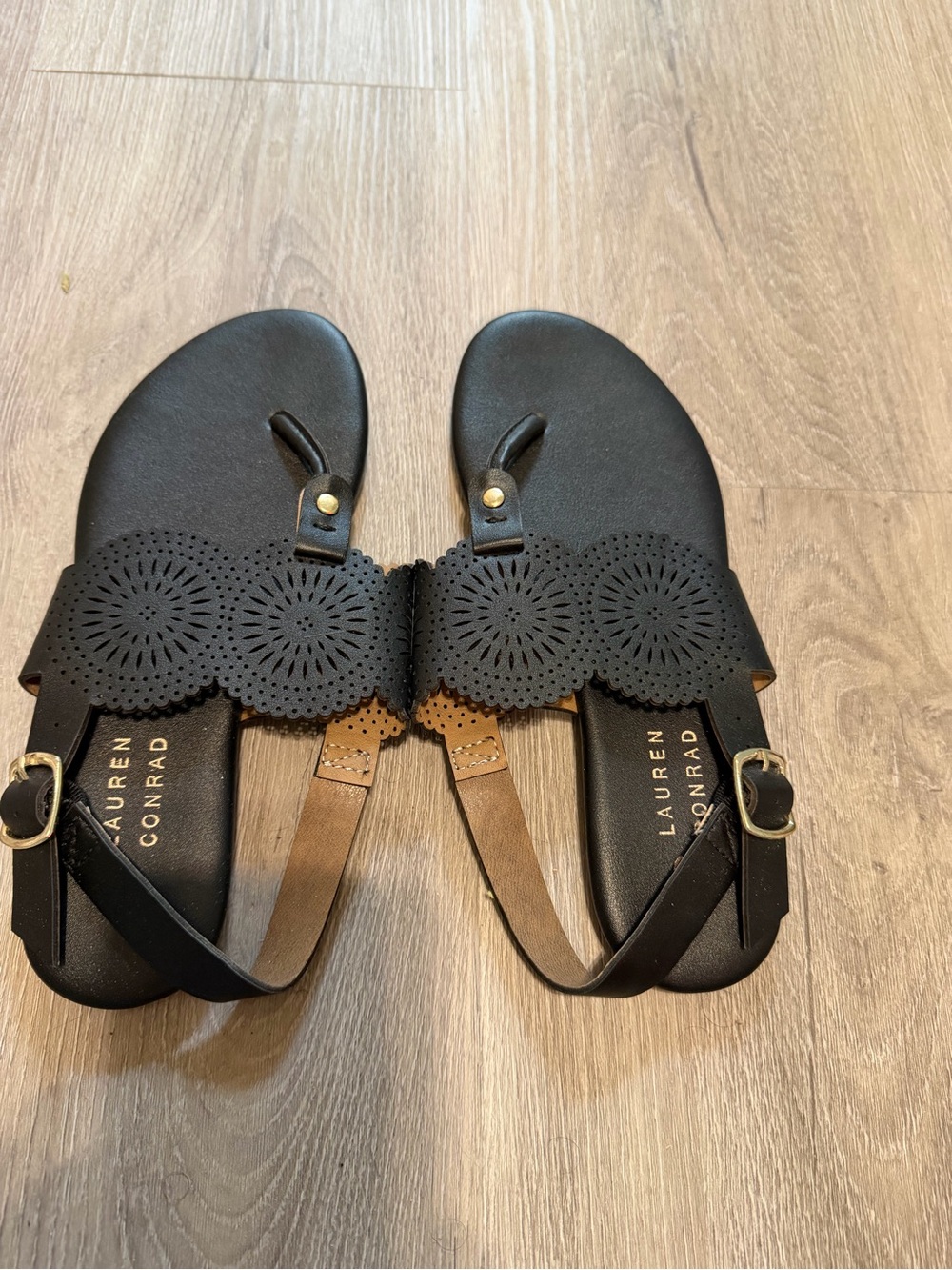 LC Lauren Conrad Black Laser-Cut Circle Strap Sandals